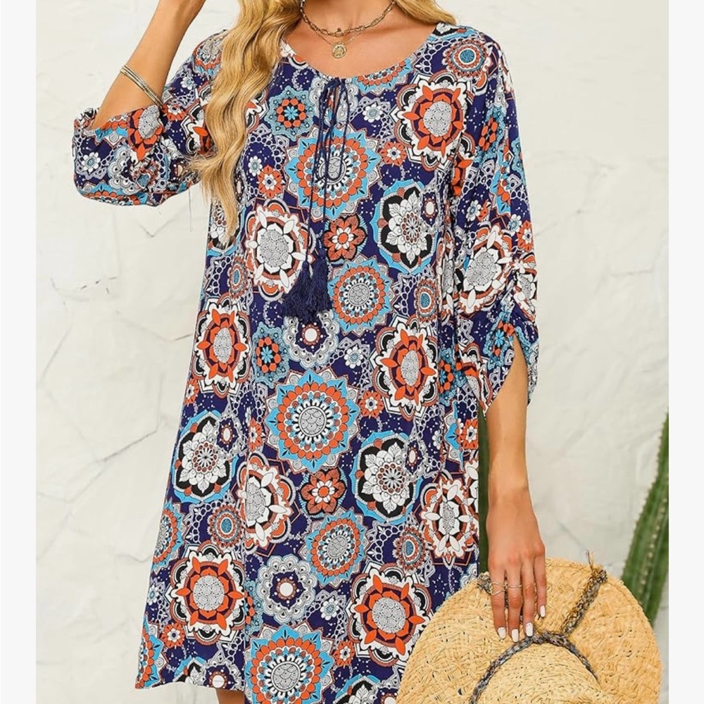 Hot Touch NWT L blue orange white Bohemian Floral  Tassel tie coverup Dress